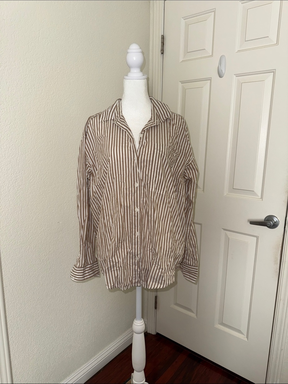 American Eagle Outfitters Brown and White Striped Button-Down Shirt